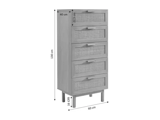 June - Commode 5 tiroirs en bois et cannage L60cm - Bois clair