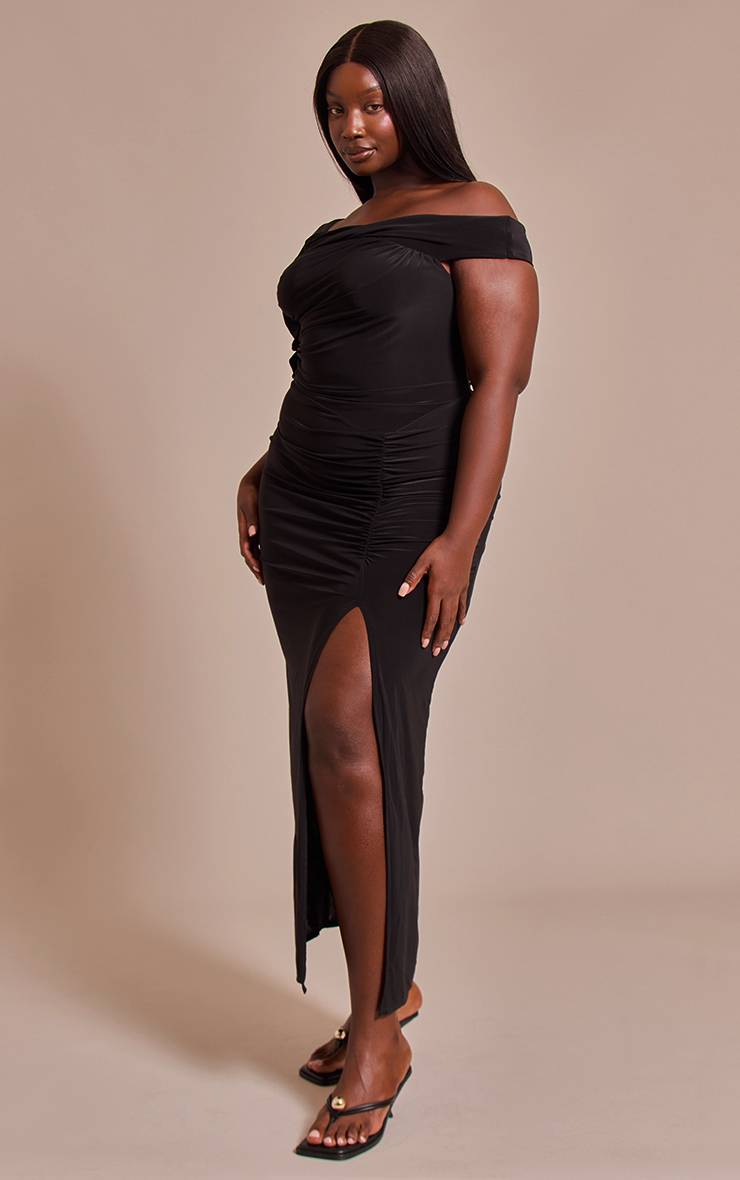 Noir Robe Longue Grande Taille En Tissu Slinky Avec Détail Torsadé