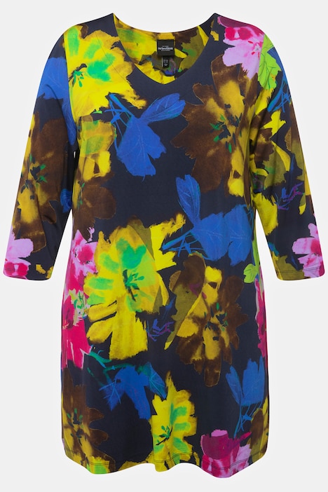 Slinkyshirt, Blüten, V-Ausschnitt, 3/4-Arm