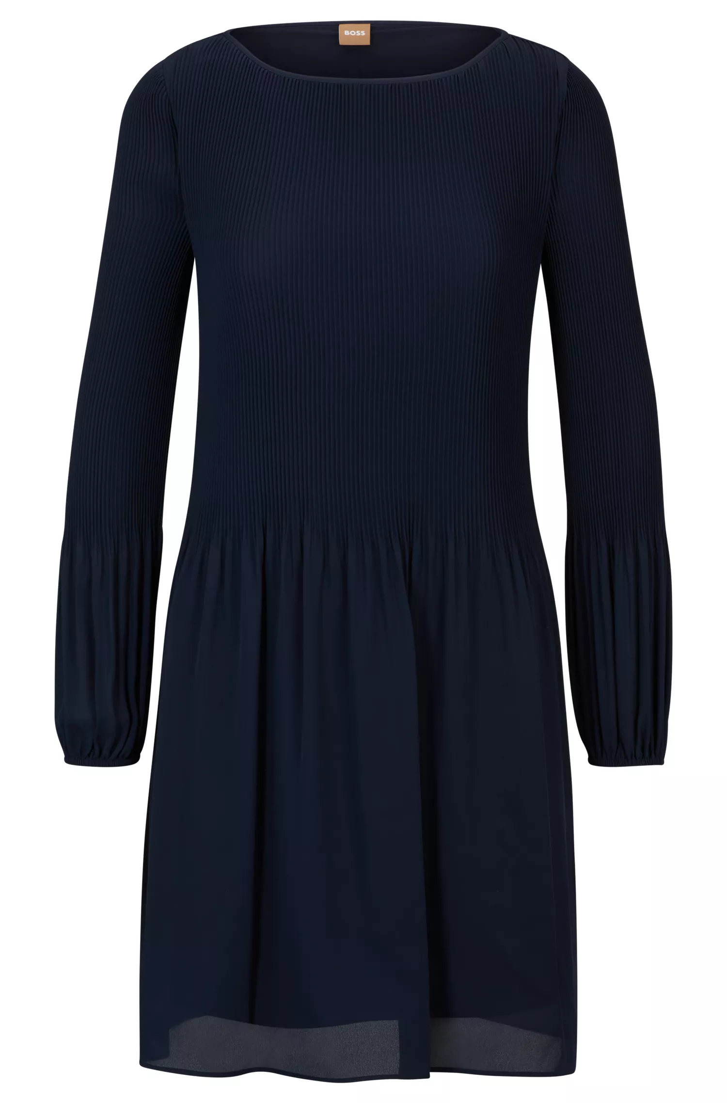 Vestido preto BOSS de corte regular com mangas compridas e saia plissada.