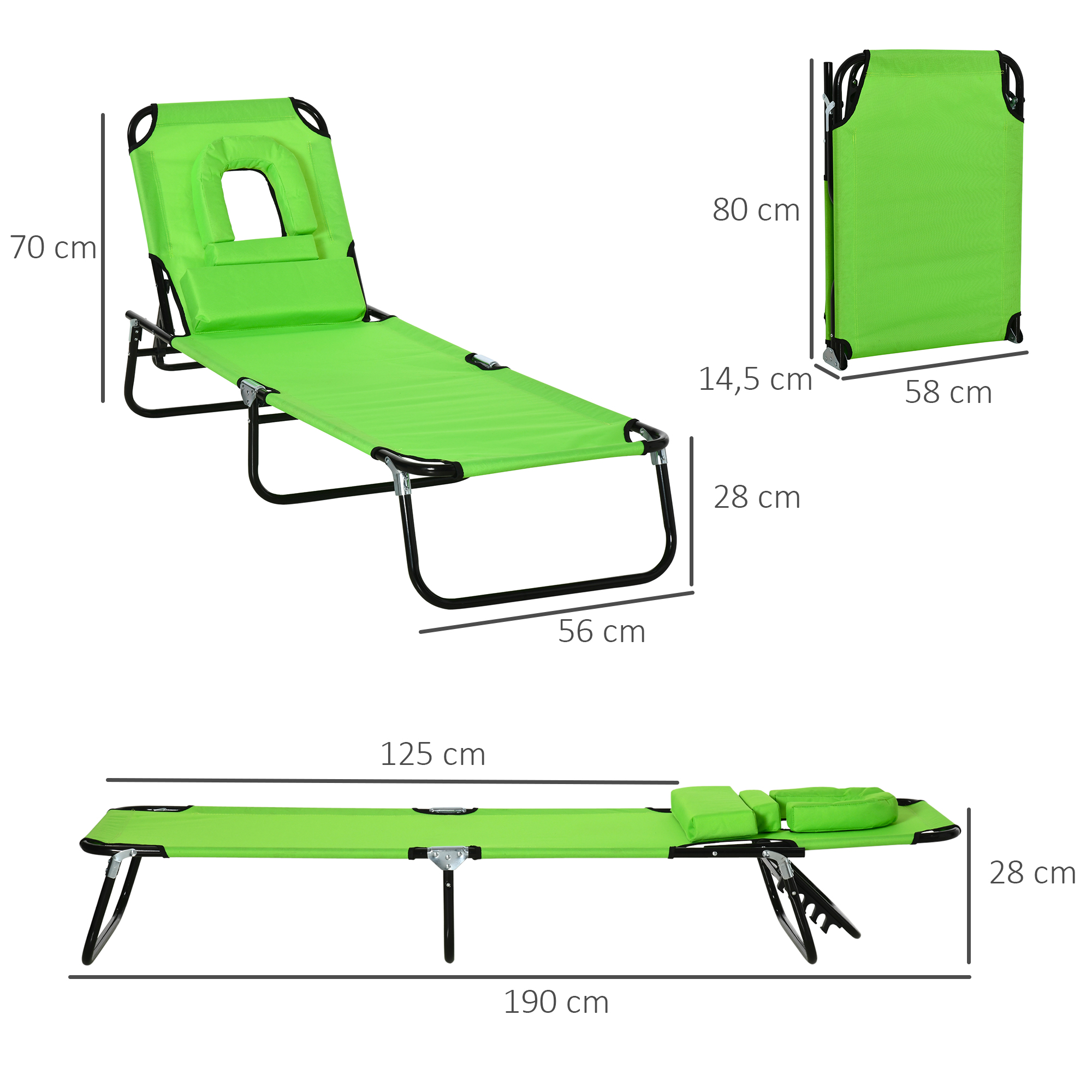 Espreguiçadeira dobrável Outsunny com encosto ajustável em 4 posições, espreguiçadeira de jardim com almofada, estrutura de aço e tecido Oxford para camping, praia e terraço, capacidade de carga de 120 kg, 190 x 56 x 28 cm, verde.