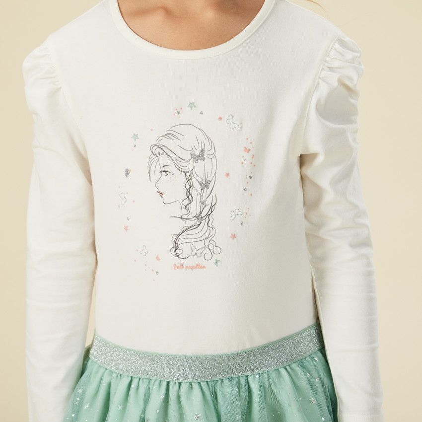 Robe bi-matière effet 2 en 1 avec tulle étoilé pour fille - Ecru