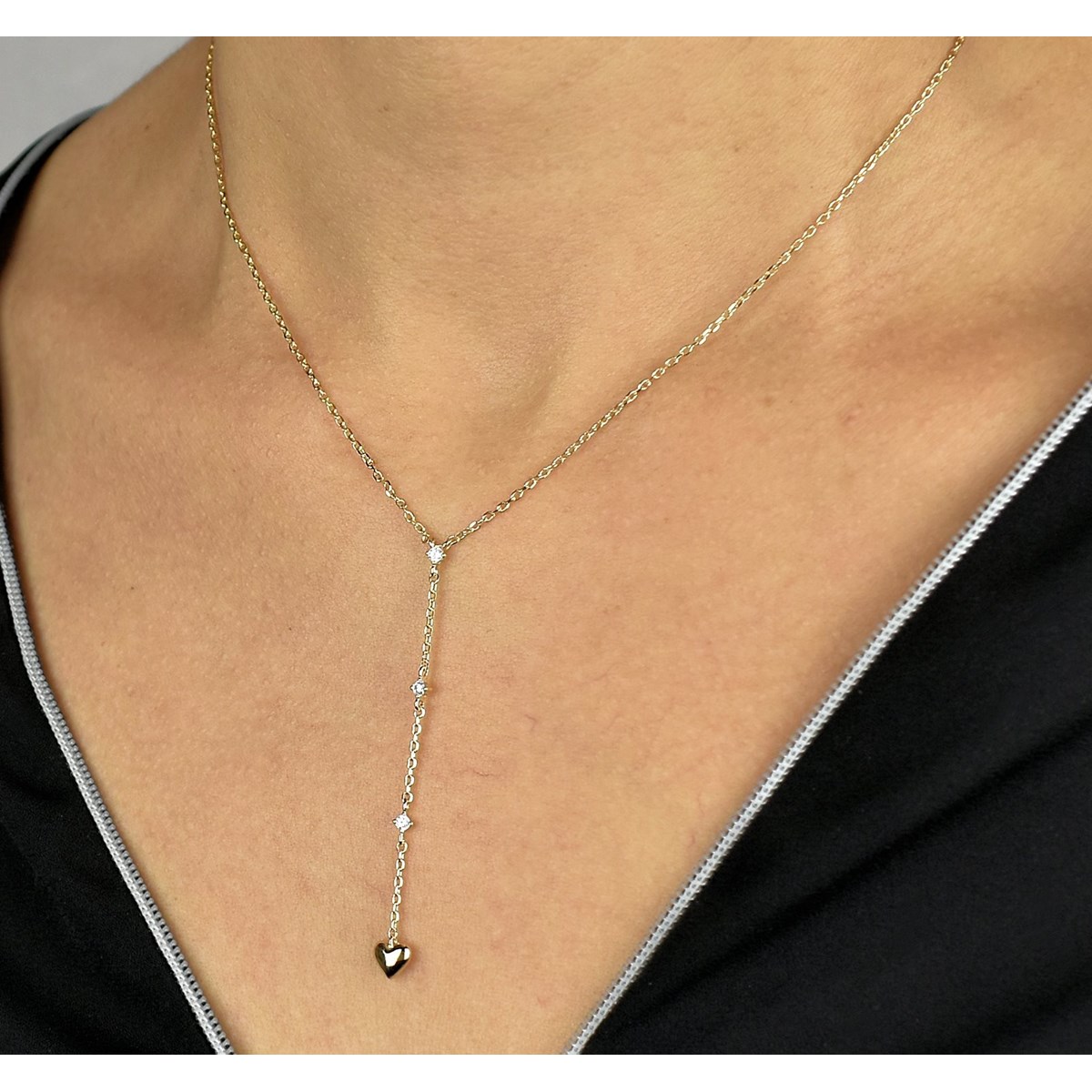 Collier cravate forme en Y coeur oxyde de zirconium Plaqué OR 750 3 microns