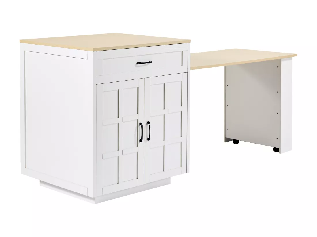 Ilot central de cuisine avec 2 portes et 2 tiroirs - Plateau extensible - 133(202)x59x93.5 cm - 2 à 6 personnes - Blanc+naturel