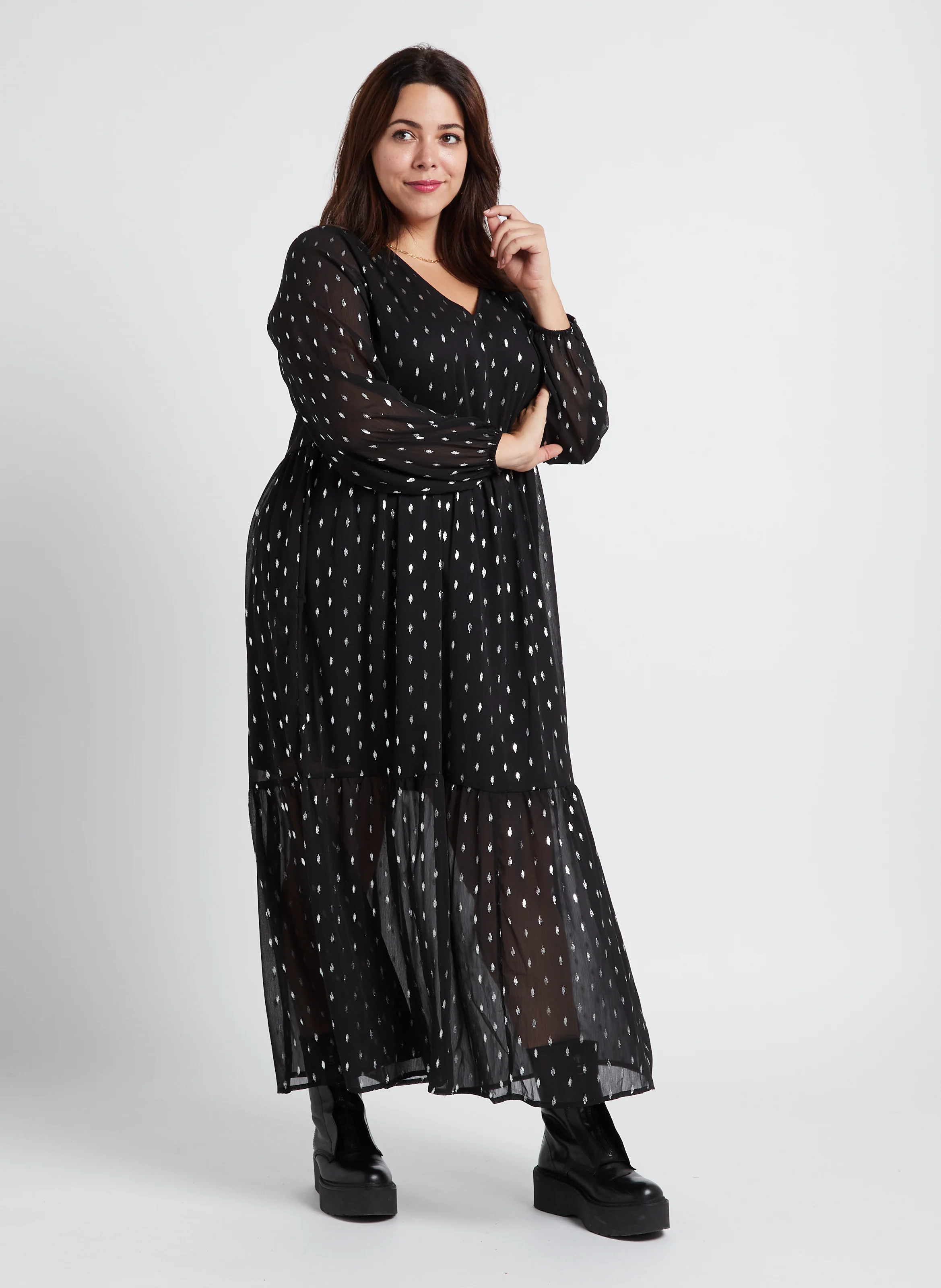 MINJA - Robe longue ample col V | Noir
