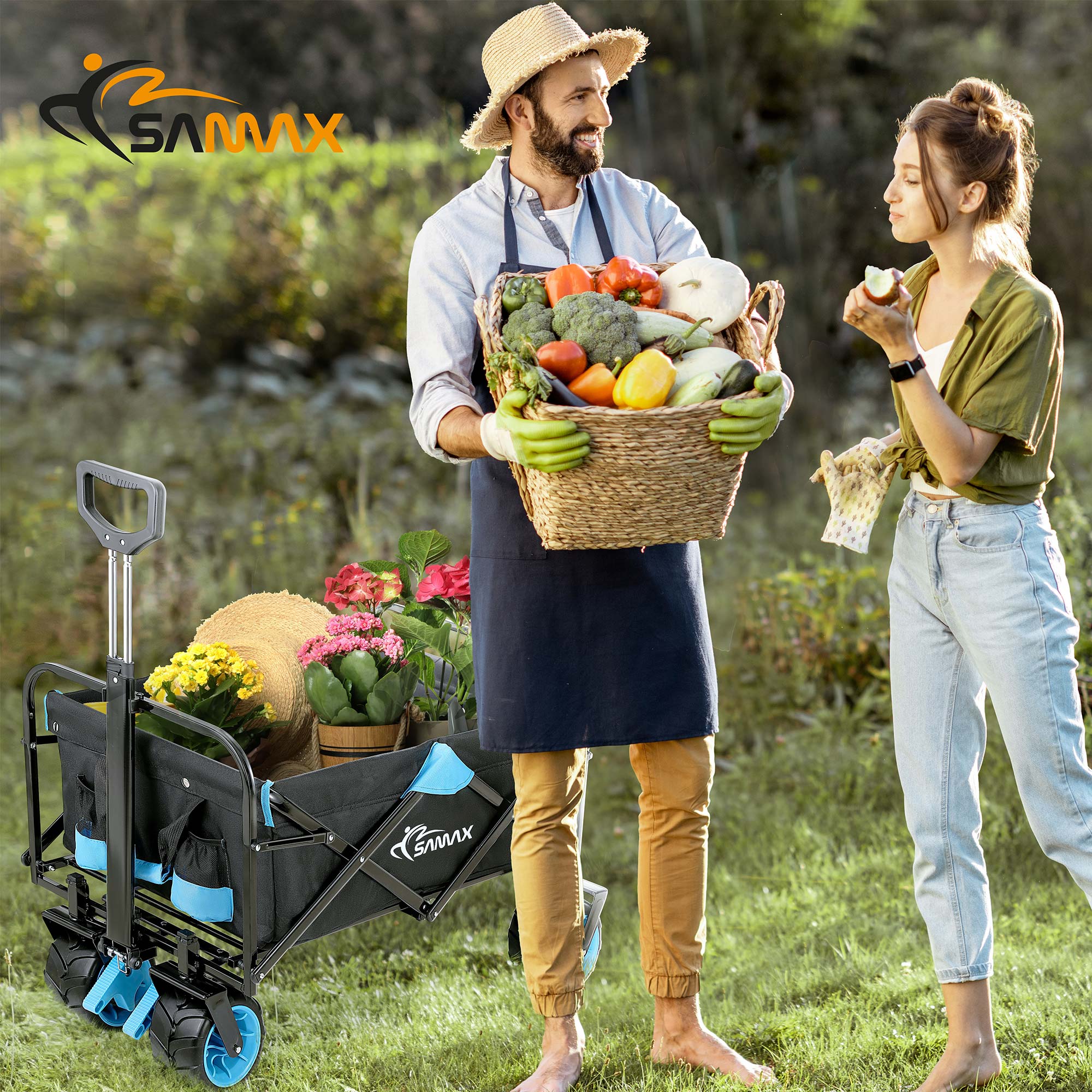 SAMAX Faltbarer Bollerwagen Offroad Camping Edition bis 200 kg - Schwarz / Blau