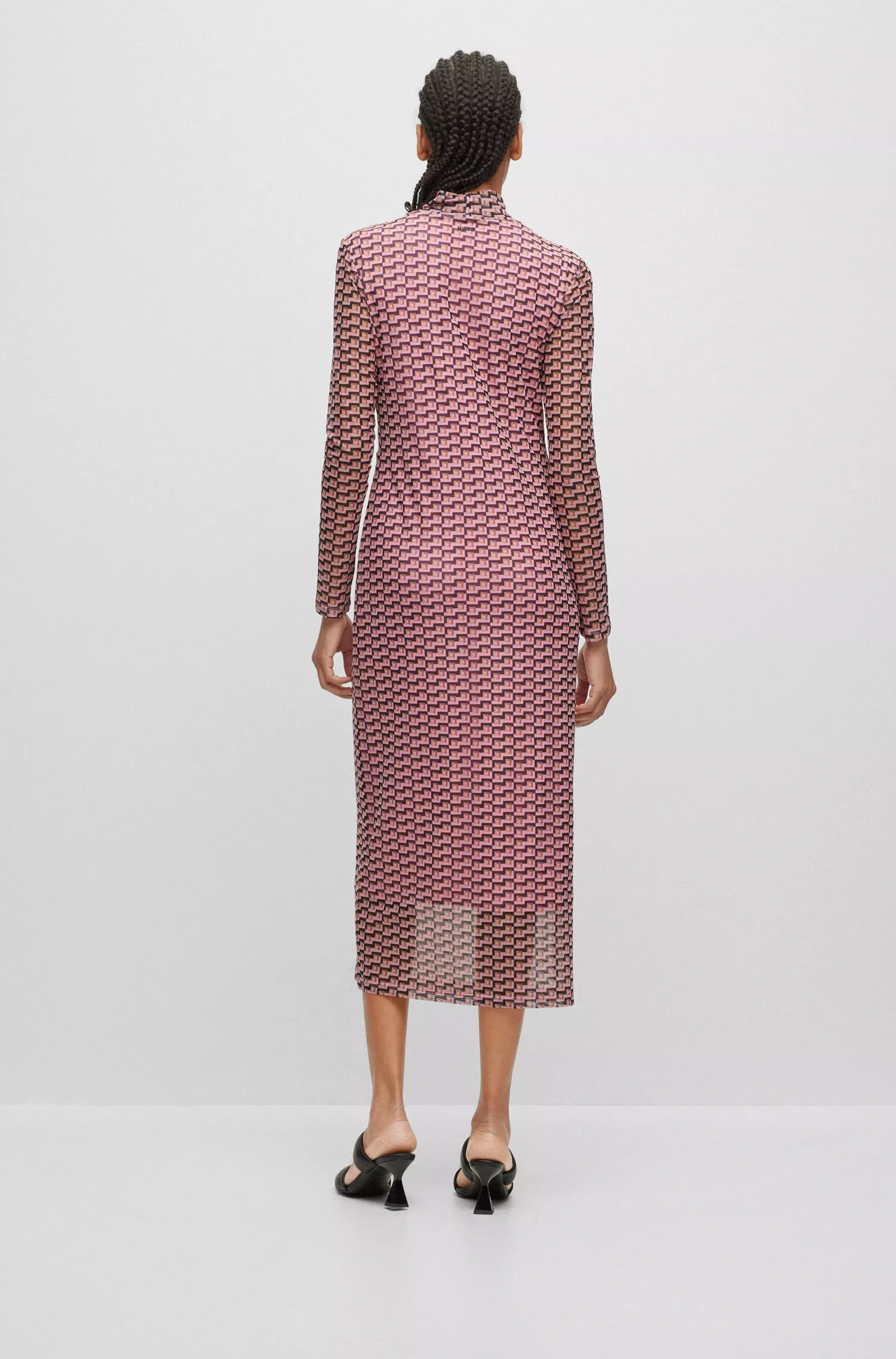 Vestido HUGO vermelho de corte justo em malha estampada com gola alta.
