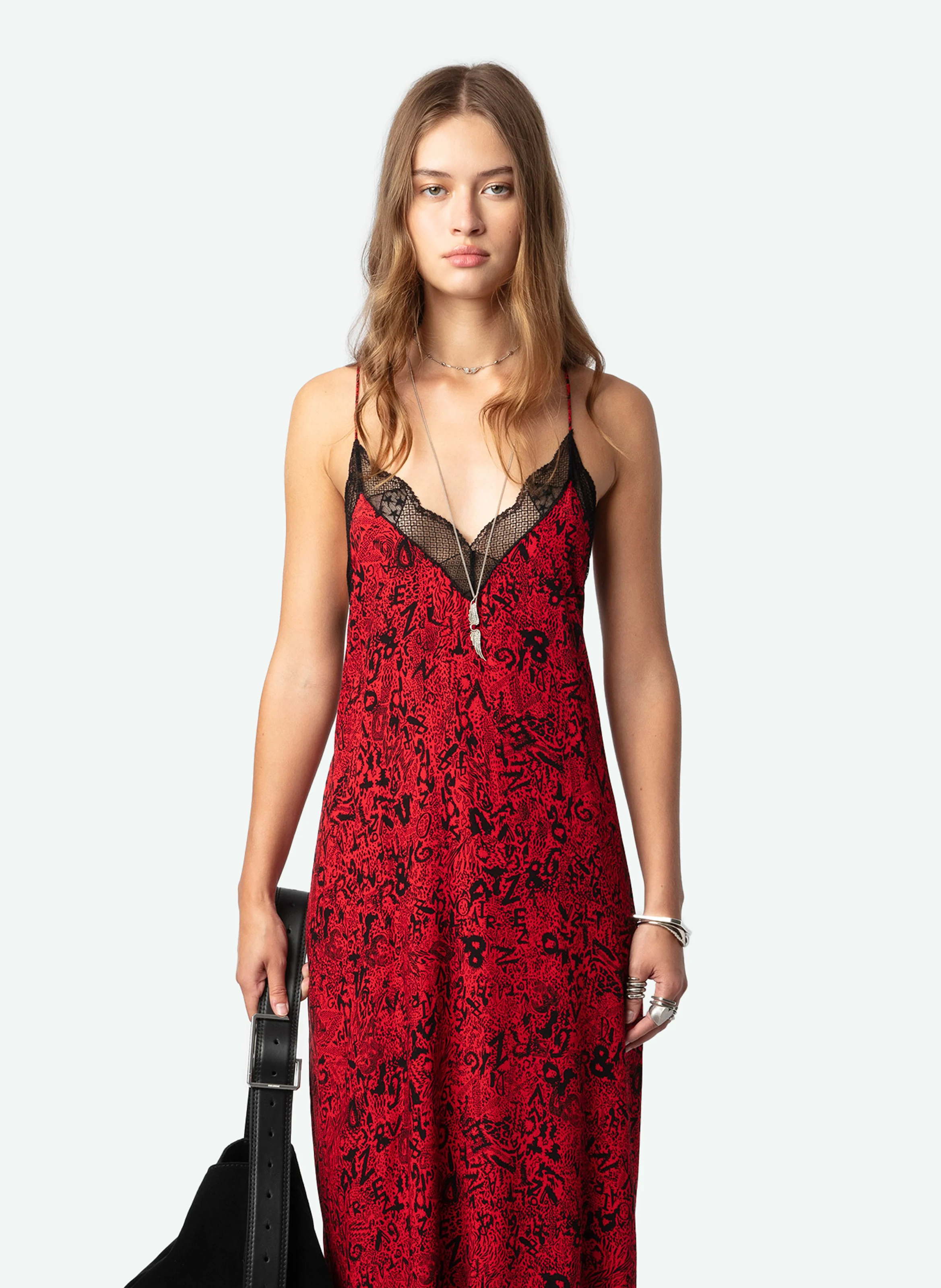 RISTY - Robe longue imprimée à dentelle | Rouge