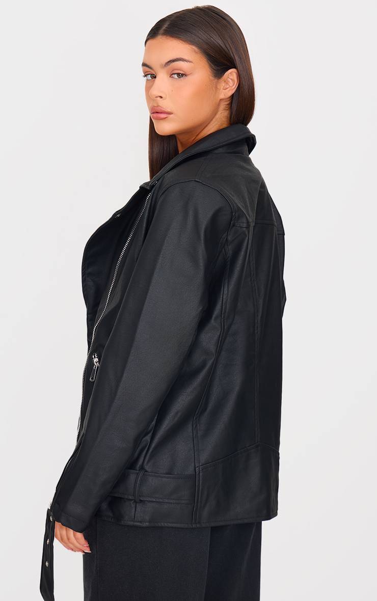 Noir Veste De Motard Longue Ceinturée En Synthétique