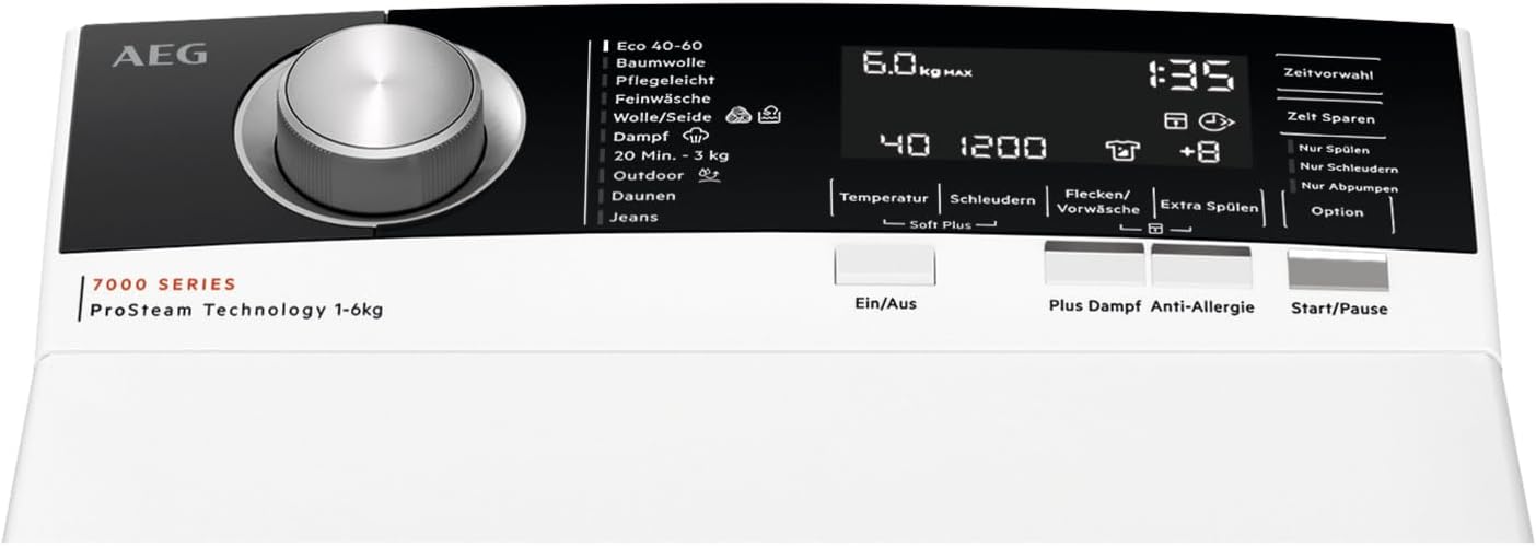 AEG Waschmaschine Toplader, 40 cm, 6 kg, Serie 7000 ProSteam - Dampf-Programm – Weniger Bügeln & mehr Frische, Mengenautomatik, Inverter Motor, Nachlegefunktion, Wasserstopp, 1500 U/min, LTR7A80560