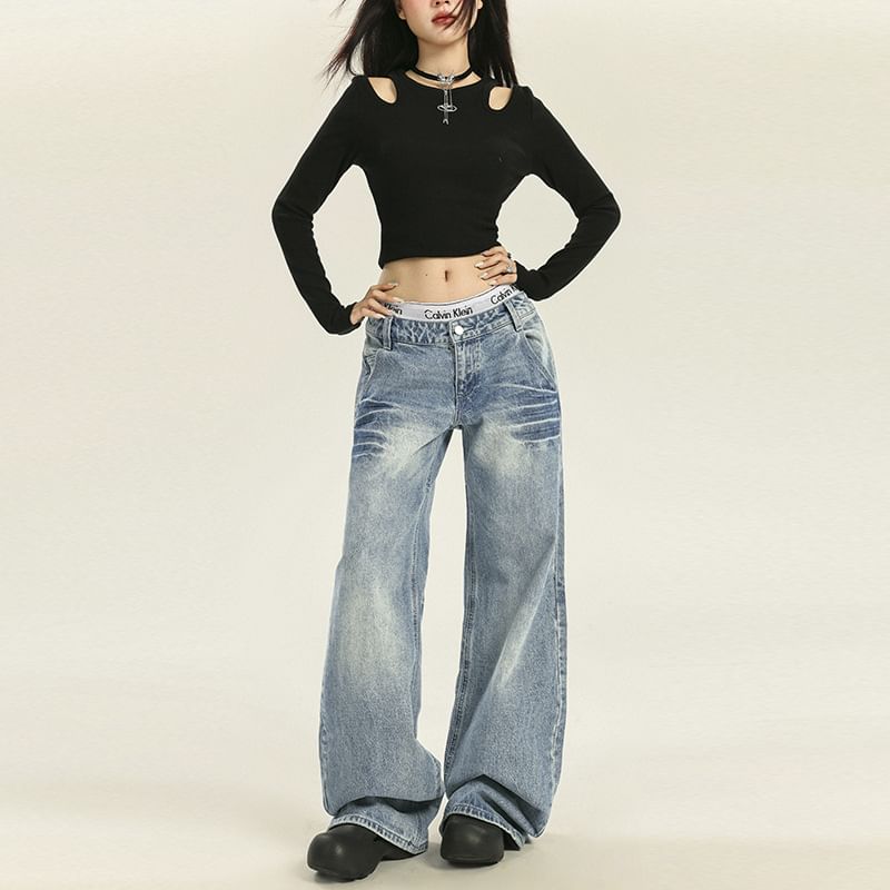 Denimot - Mid Rise Washed Wide Leg Jeans (diverse designs)