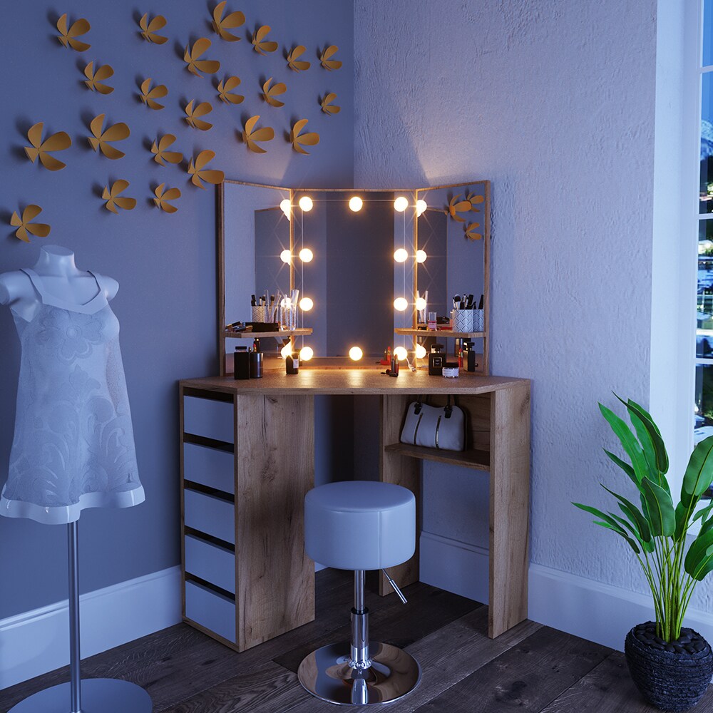 VICCO LED Eckschminktisch ARIELLE Kosmetik Schminktisch Spiegel Eiche Hocker