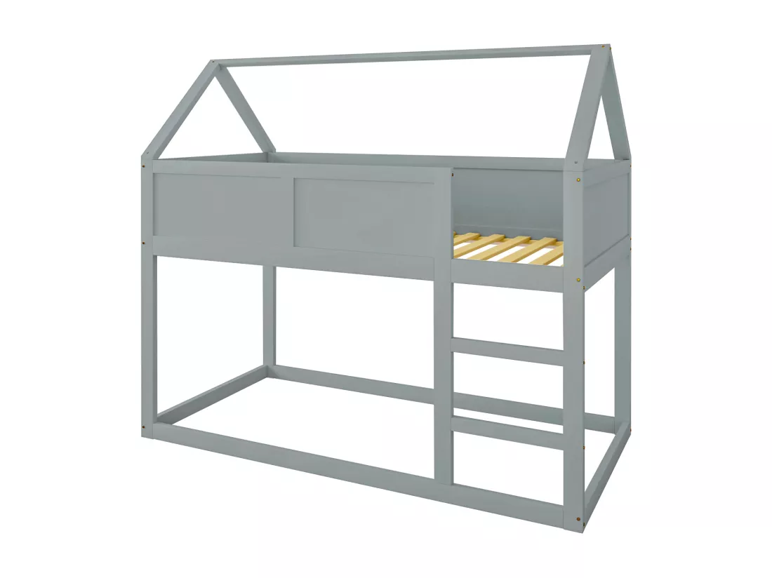 Lit superposé enfant 2 x 90 x 200 cm, lit mezzanine avec escalier, cadre en bois massif, gris
