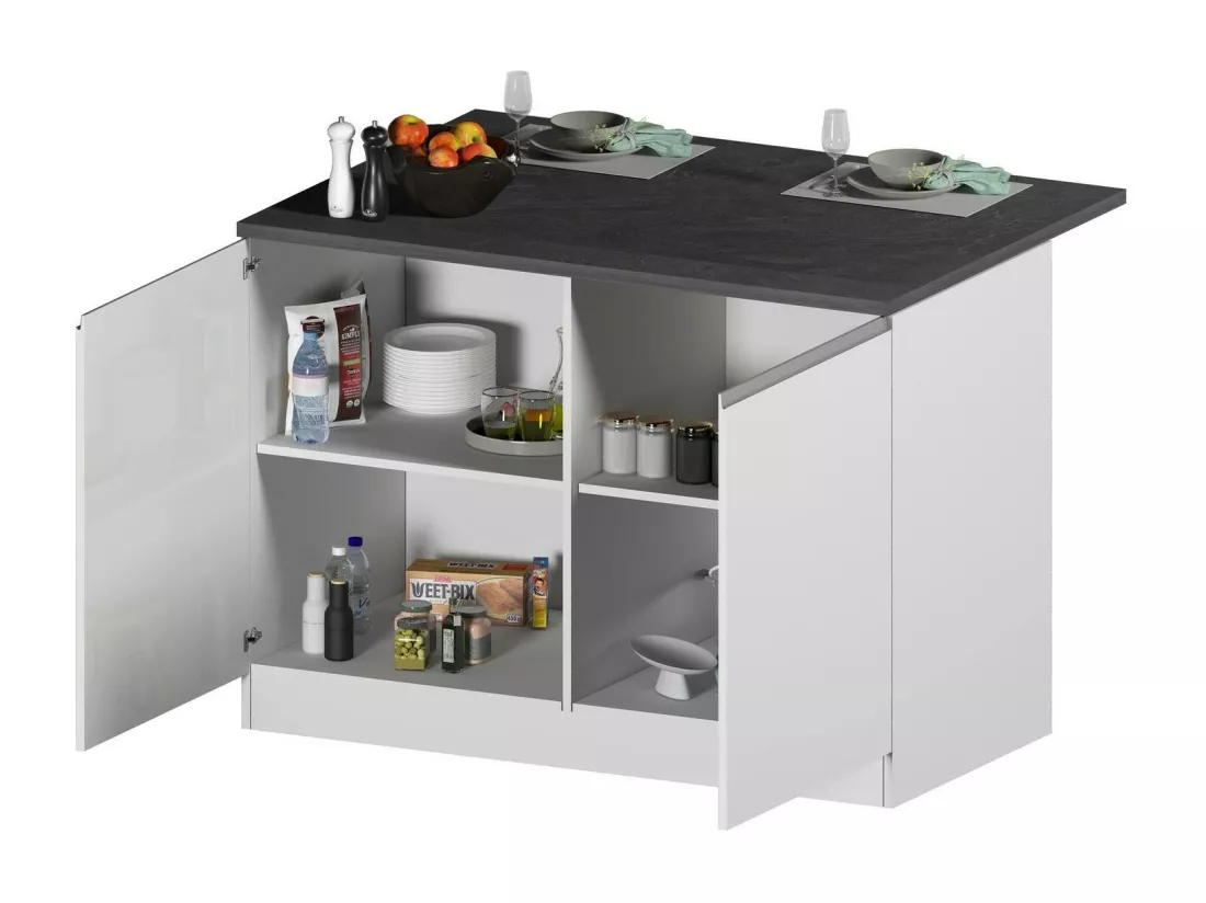 Îlot de cuisine Daffaticat, Armoire polyvalente, Meuble de kitchenette, Table auxiliaire, 100% Made in Italy, 125x90h90 cm, Blanc brillant et ardoise