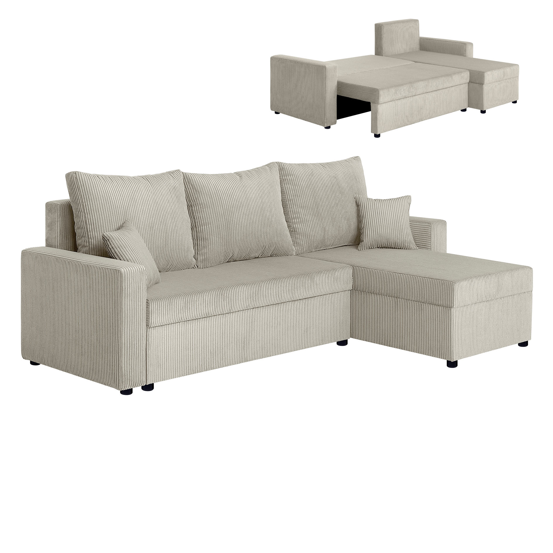 Ecksofa - creme - Breitcord - mit Liegefunktion und Staukasten