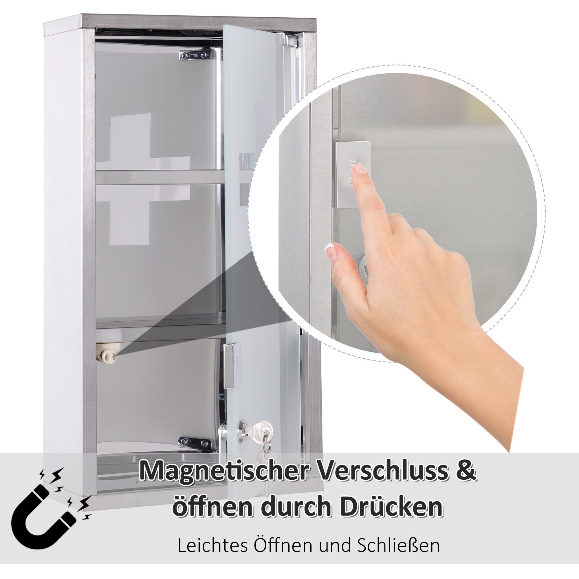 HOMCOM Medikamentenschrank mit 3 Fächer silber 25 x 12 x 48 cm (LxBxH)