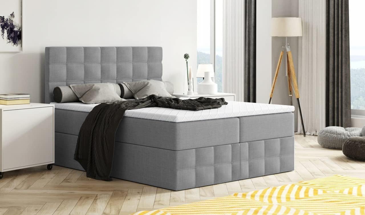 Generisch Moderne Boxspringbett MERA Premium Bett mit Bettkasten Ziernähten Bonell Matratze H3 Federkern Topper Polsterbett Doppelbett Schlafzimmer (Dunkelgrau - Aura 24, 200x200)