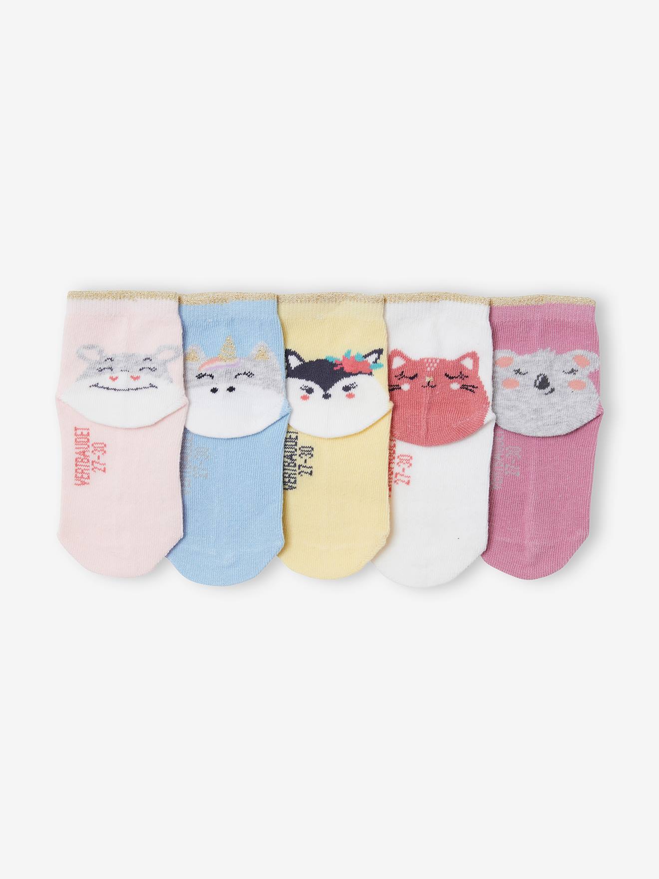 Pacote com 5 pares de meias tamanho médio, estampa de animais rosa claro, bicolor/multicoloridas