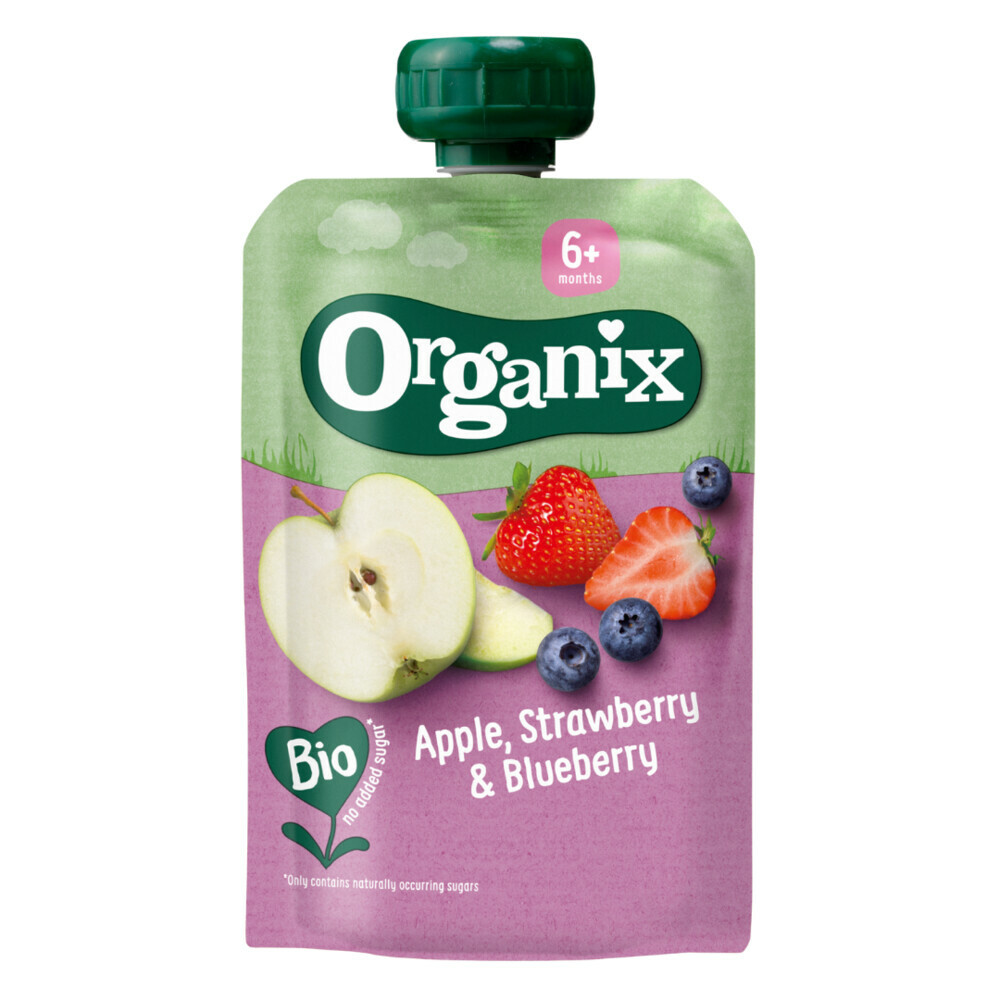 Organix Knijpfruit Maandbox 6+ mnd - Appel Aardbei & Blauwe Bes 12 x 100 gr + Peer & Framboos 12 x 100 gr + Mango Peer & Granola 6 x 100 gr Pakket