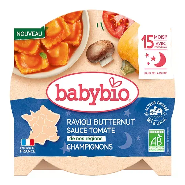Ravioli de abóbora Babybio com molho de tomate de nossas regiões e cogumelos orgânicos 190g