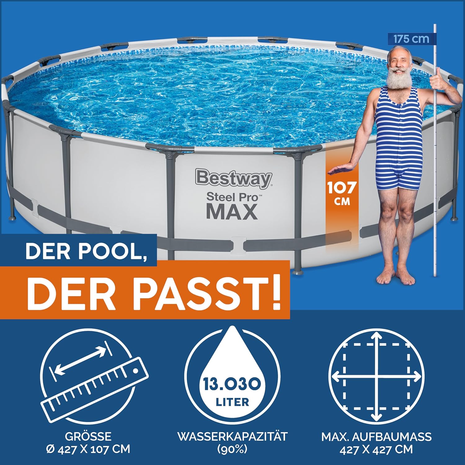 Bestway Steel Pro MAX Frame Pool Komplett-Set mit Filterpumpe Ø 427 x 107 cm, lichtgrau, rund