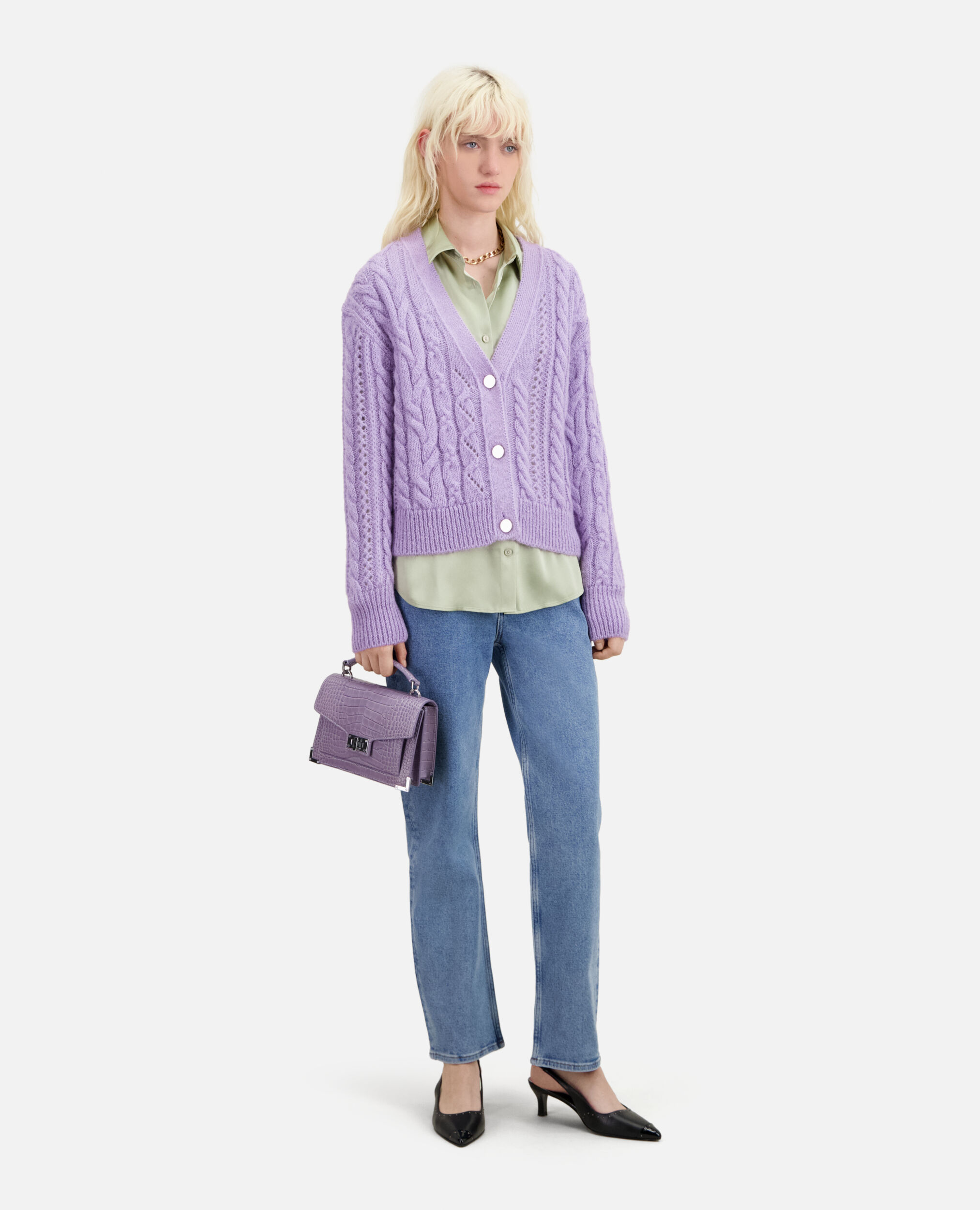 Mauve cable-knit wool-blend cardigan