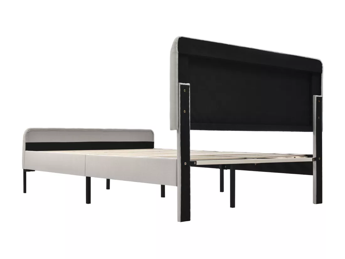 Lit adulte rembourré en tissu lin - 140x200 cm - avec tête de lit réglable et sommier à lattes - Gris clair