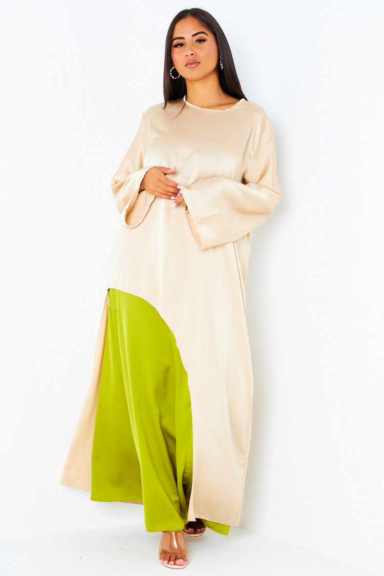 Ensemble 2 pièces blouse asymétrique beige + jupe verte