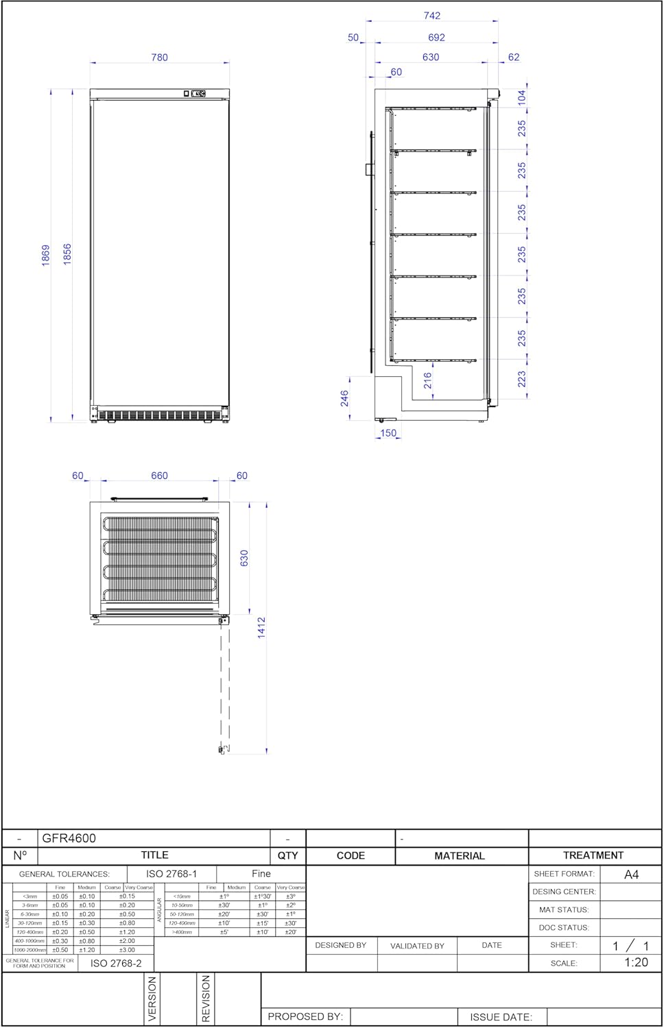 METRO Professional Tiefkühlschrank GFR 4600S, Edelstahl/ABS, 78 x 74 x 192.5 cm, 511 L, statische Kühlung, 145 W, mit Schloss, silber