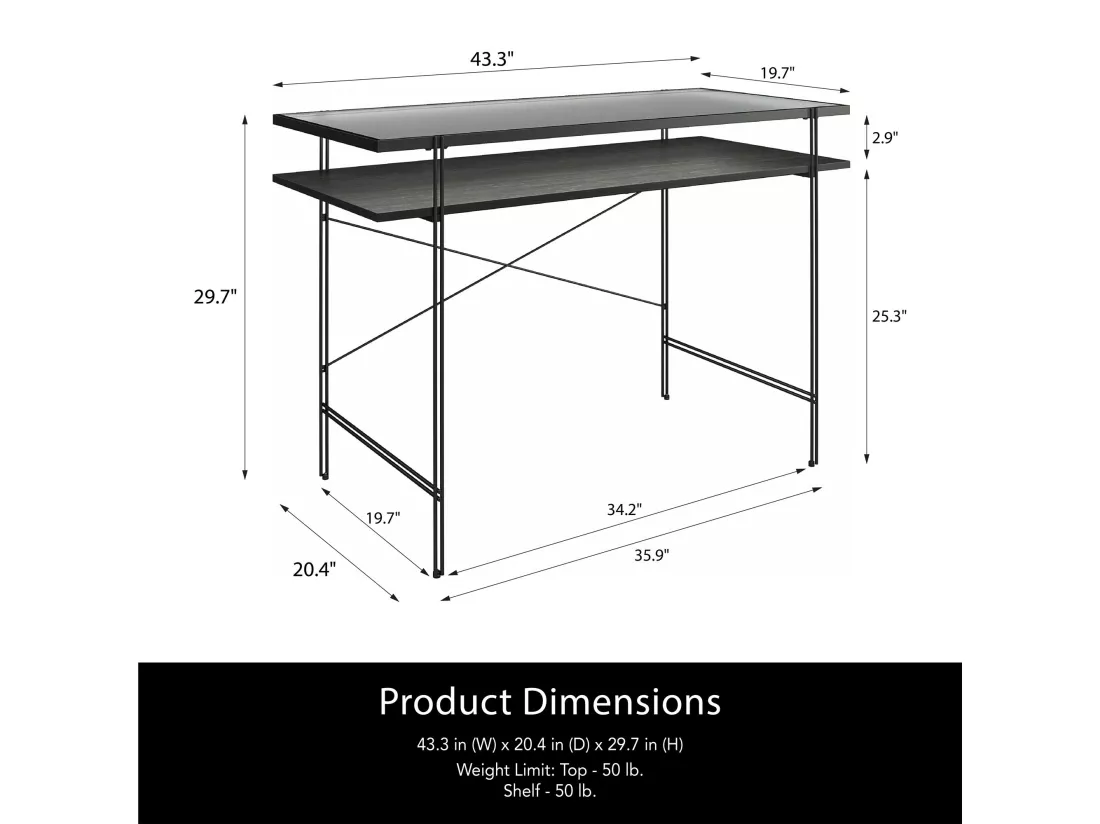 Wainwright | Bureau d'ordinateur en verre transparent et cadre en métal noir