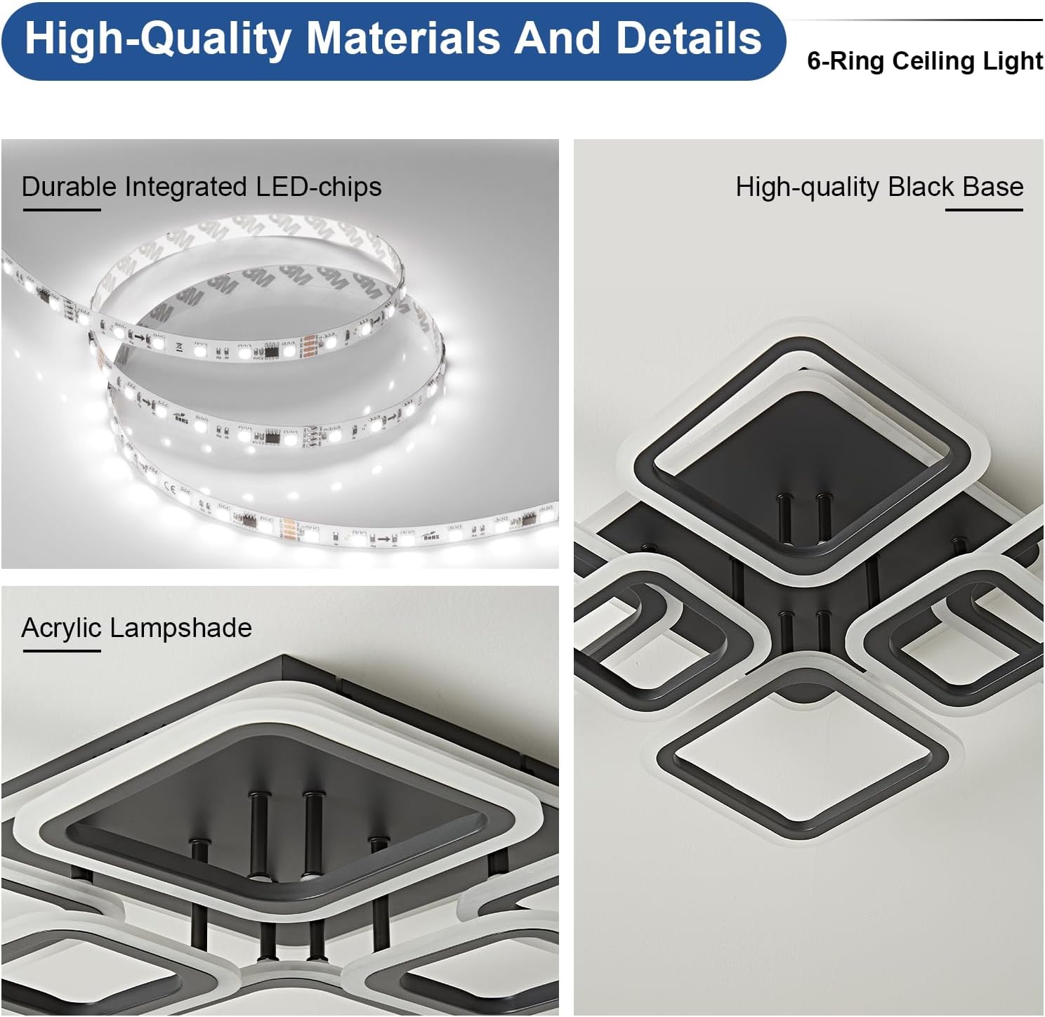 OKELI Moderne LED-Deckenleuchten, Dimmbar, Acryl-Deckenleuchte mit 6+1 quadratischen Ringen, Mit Fernbedienung, Große Schwarze Flush-Mount Deckenleuchte für Schlafzimmer, Wohnzimmer und Esszimmer, 48W