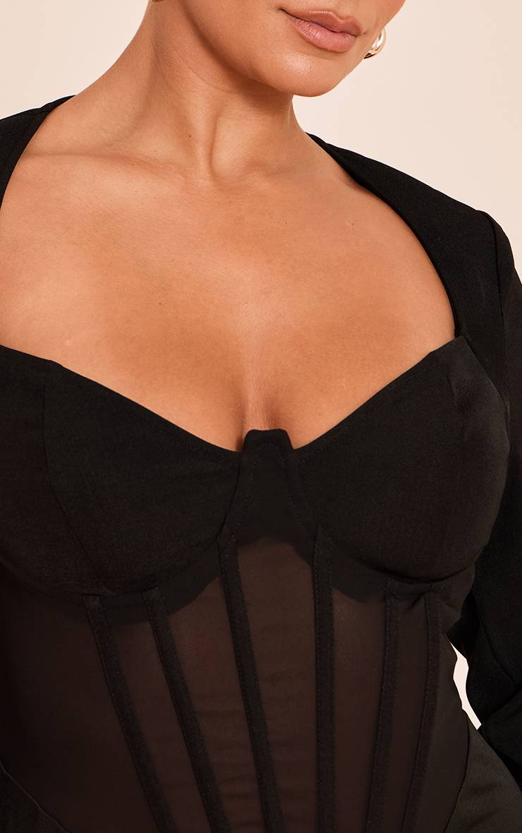 Noir Body Corset Moulant À Manches Longues En Mesh