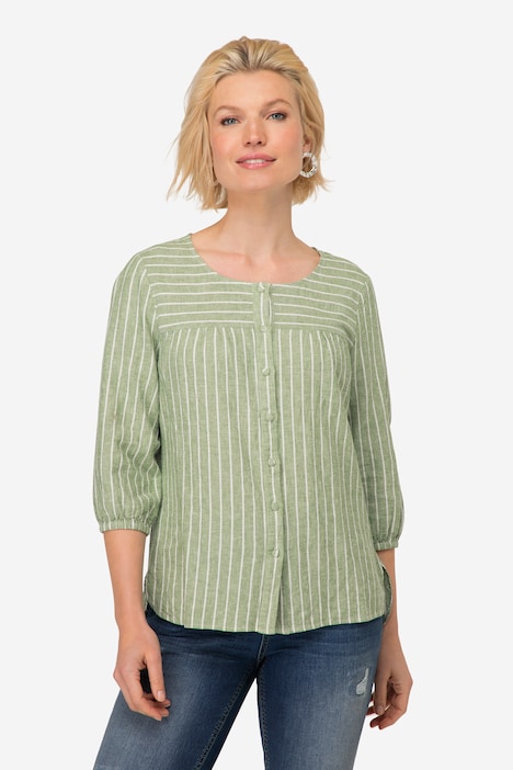 Bluse, Leinenmix, Streifen, Rundhals, 3/4-Ärmel