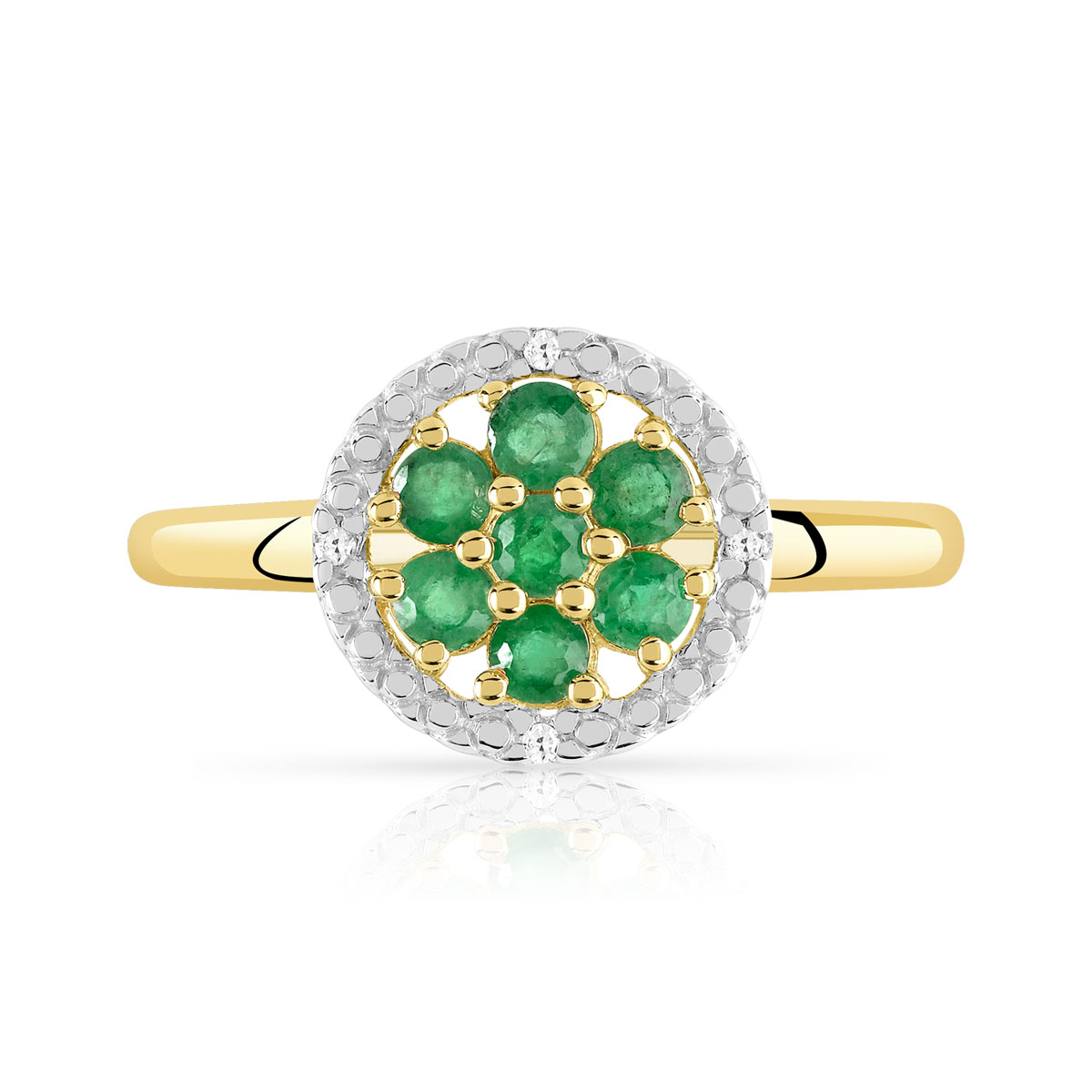 Bague or 375 2 tons fleur émeraudes et diamants