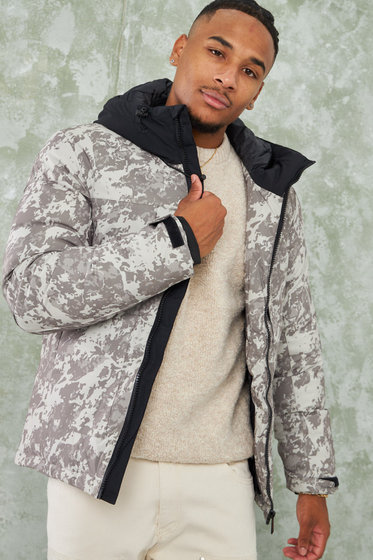 Parka beige camouflage à capuche