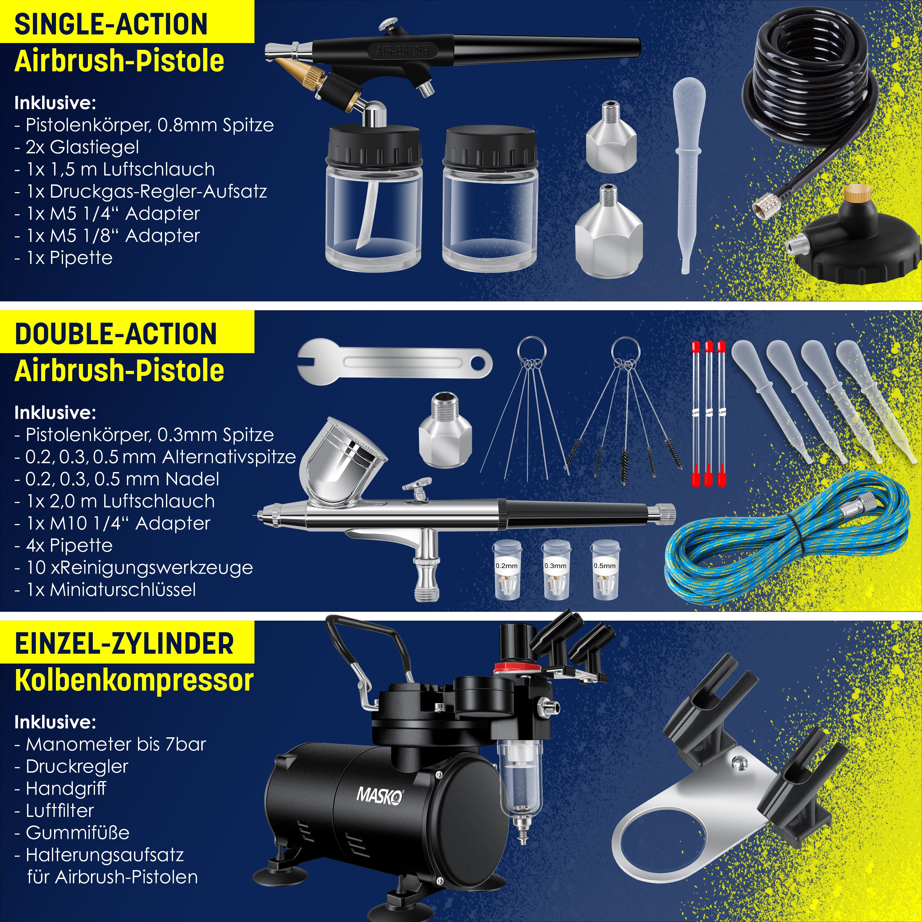 MASKO® Airbrush-Set mit Kompressor 4 bar inkl. Airbrush-Pistolen | Lackierpistole Komplett-Set Tattoo Kunst Malerei | Nadeln & Düsen im Zubehör | Multifunktions Dual-Set mit Manomter & Luftfilter