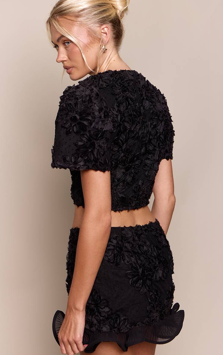 Noir Ensemble Jupe Mini À Ourlet À Volants En Dentelle Florale Boucle