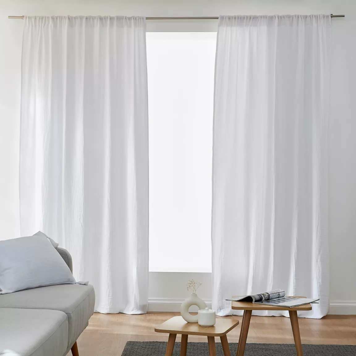 Rideau gaze de coton galon fronceur (180 x 240 cm) Gaïa Gris nuage