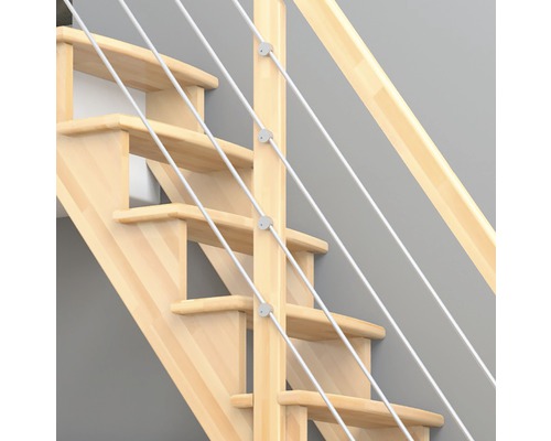 Pertura Filia massief beukenhouten trap zonder stootborden, onbehandeld, kwartslag, linksonder, 65 cm, 12 treden / 13 stootborden, leuning