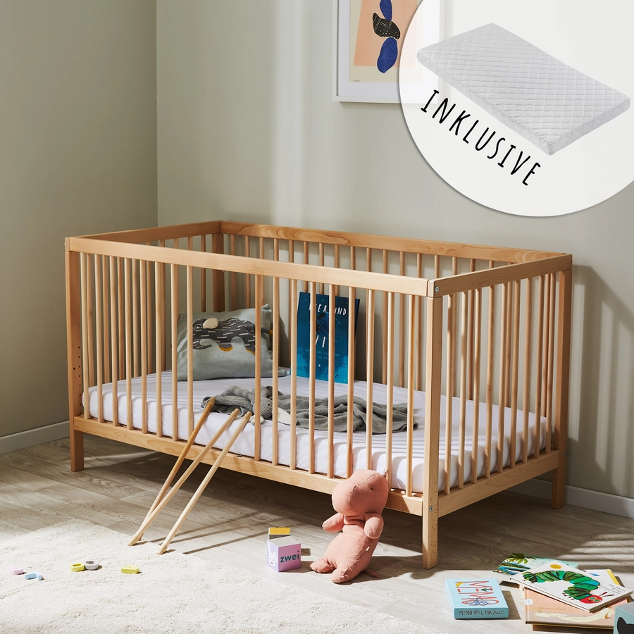 Kids Collective Babybett Gitterbett 60x120 | 70x140 höhenverstellbar & herausnehmbare Sprossen natur mit Matratze