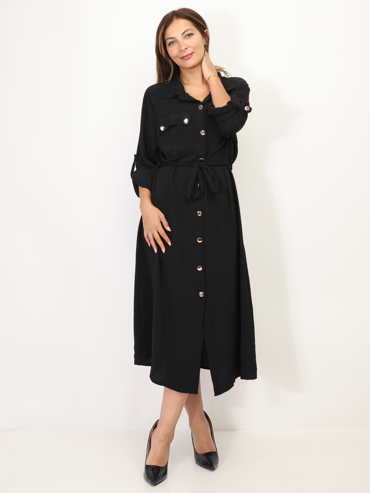 Robe chemise mi-longue à ceinture- Noir