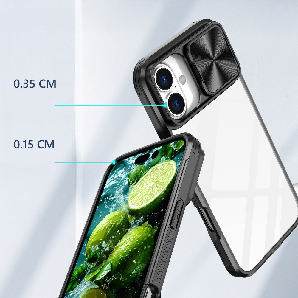 iPhone 16 Hybrid Hülle mit Acryl Rückseite   TPU Bumper   Cam-Slider - Lila / Transparent