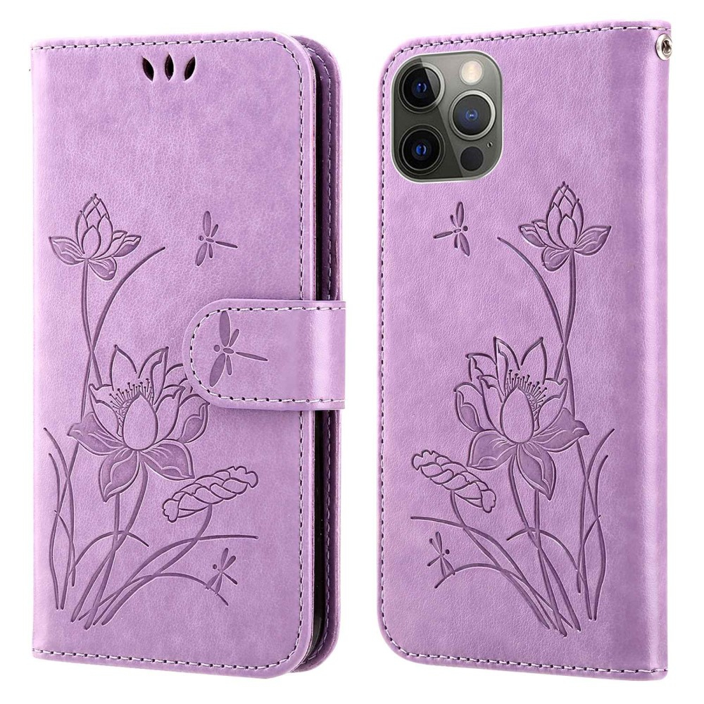 iPhone 13 Pro Leder Tasche Flip Cover Lotus Blumen Imprint - Lila