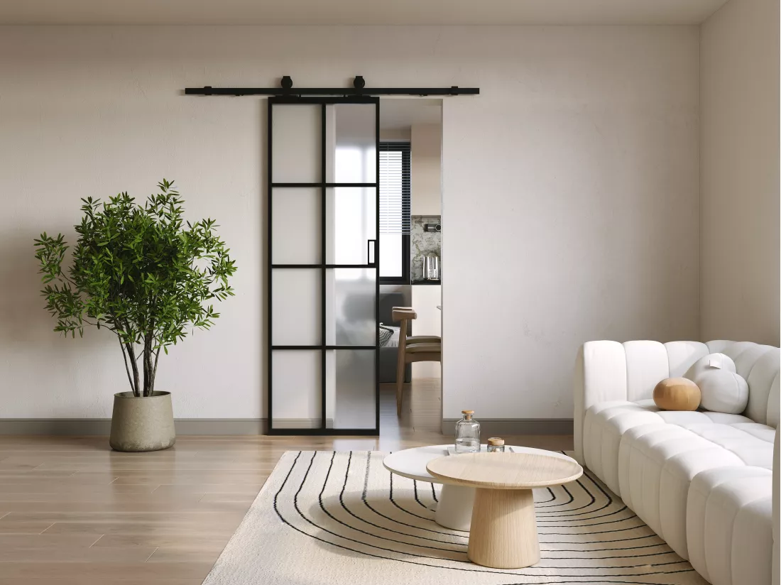 Porte coulissante avec système en applique - aluminium et verre trempé dépoli - H205 x L73 cm - WILDEN II