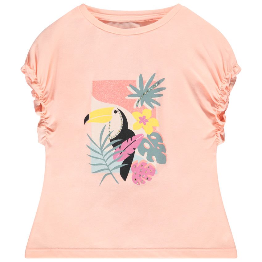 T-shirt manches courtes élastiquées avec print fantaisie pour fille - Corail