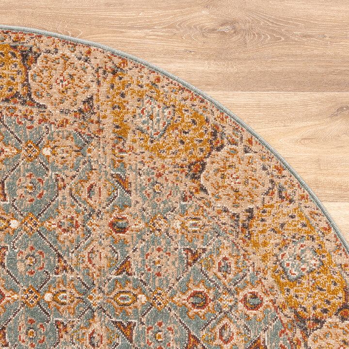 Rond vintage vloerkleed - Thirza Oriental Lichtblauw/Geel