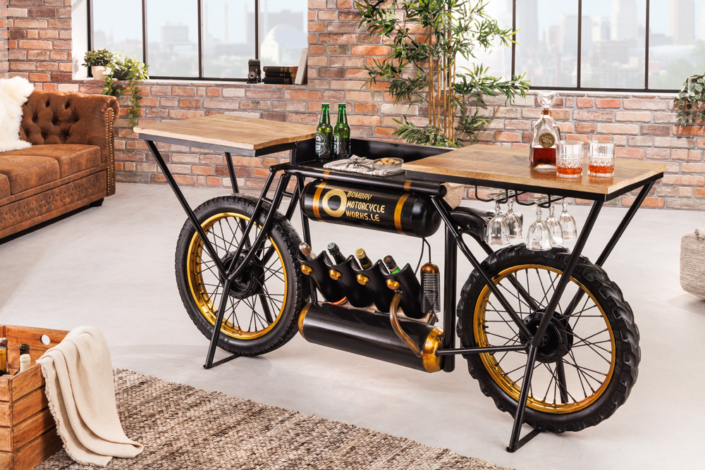 Industrial Konsolentisch MOTORCYCLE 185cm Mangoholz schwarz Motorrad Bartheke Upcycling