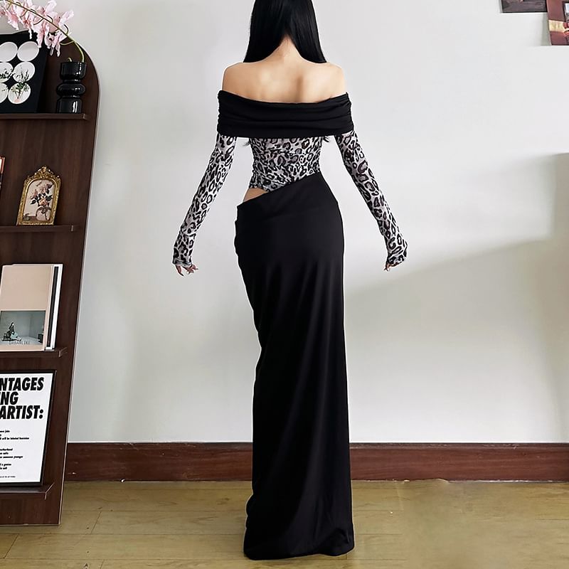 Sugarcoat - Lange mouwen off-shoulder luipaardprint split nep tweedelige maxi manteljurk