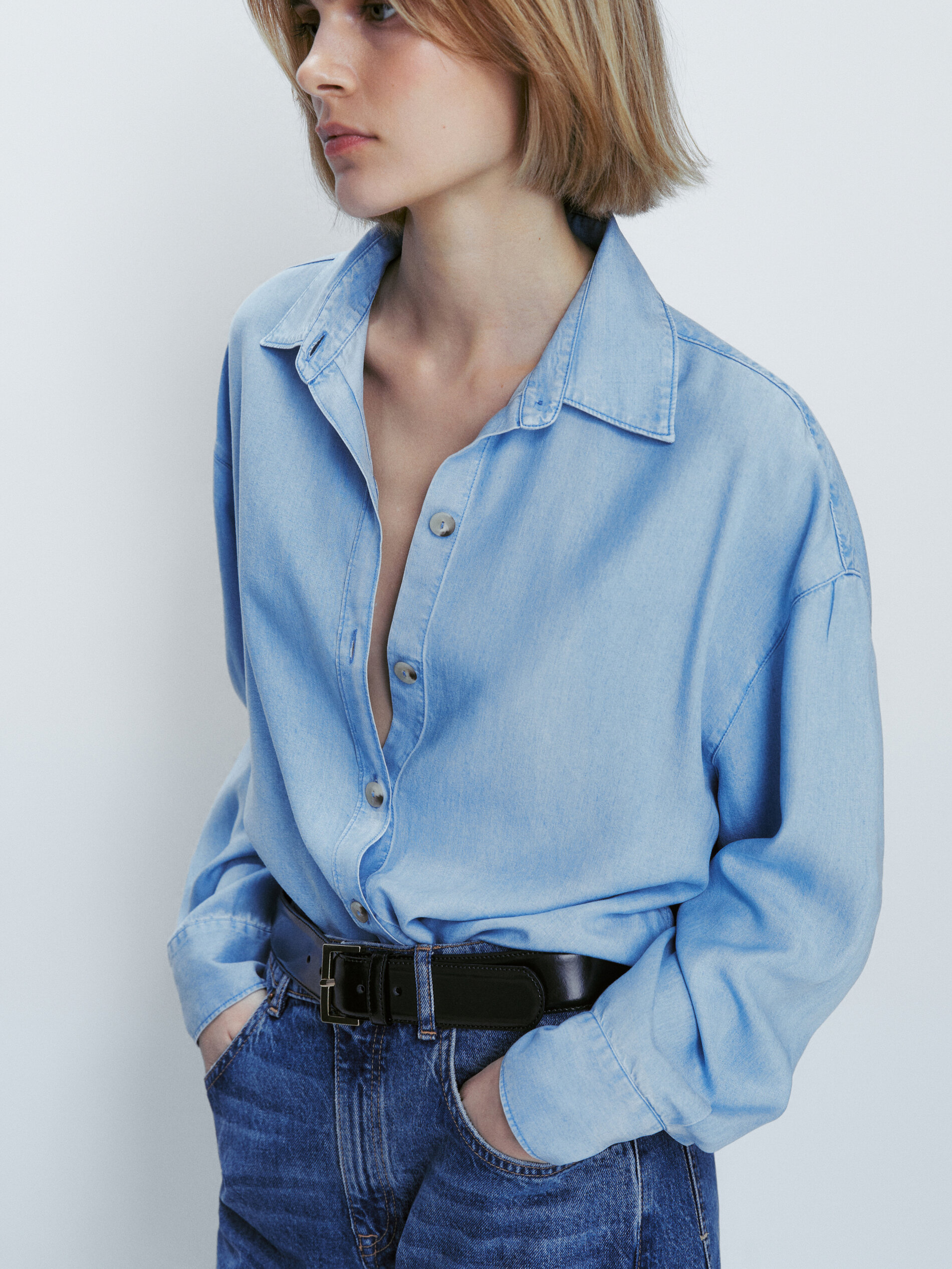 Camisa fluida com efeito jeans - AZUL MÉDIO