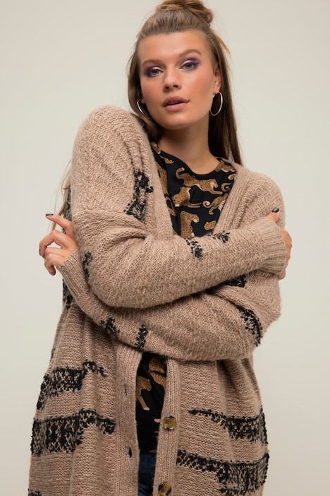 Strickmantel, oversized, Jacquardstrick, Fransensaum, V-Ausschnitt, Langarm